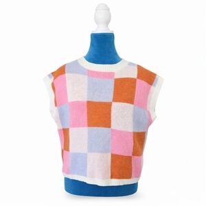 XL Colorblock Knit Sweater Vest Pink Blue Orange Checkered Trendy